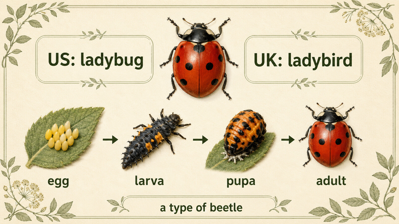 米語ladybug・英語ladybirdとテントウムシの卵・幼虫・蛹・成虫を示す解説イラスト