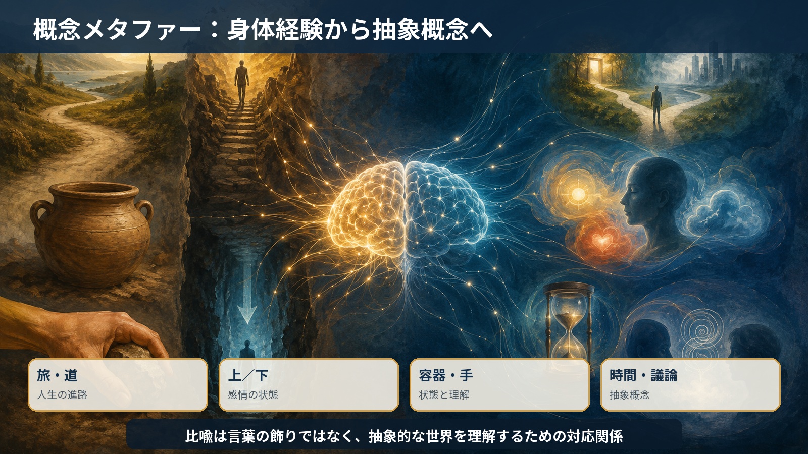 概念メタファーで具体的な経験から抽象概念を理解する対応図