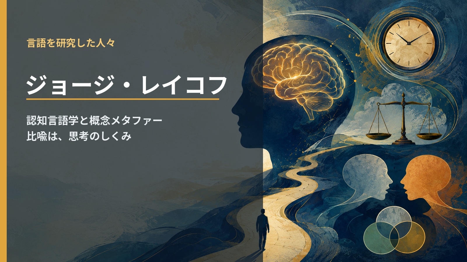 ジョージ・レイコフの認知言語学と概念メタファーを表すアイキャッチ