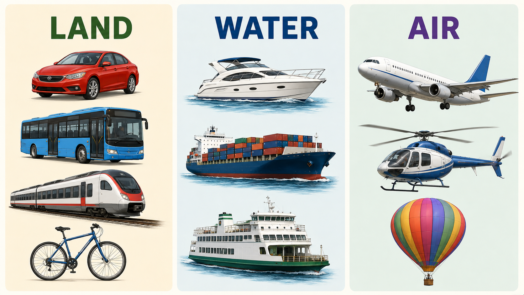 LAND・WATER・AIRに分けた陸・海・空の乗り物英語一覧