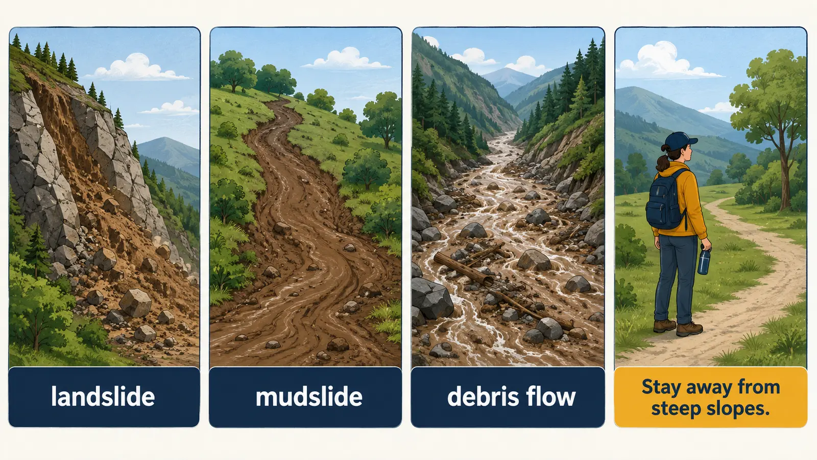landslide・mudslide・debris flowの違いと安全表現を示す英語図解