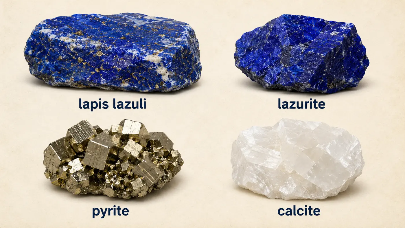 lapis lazuli、lazurite、pyrite、calciteの見た目と英語名の比較