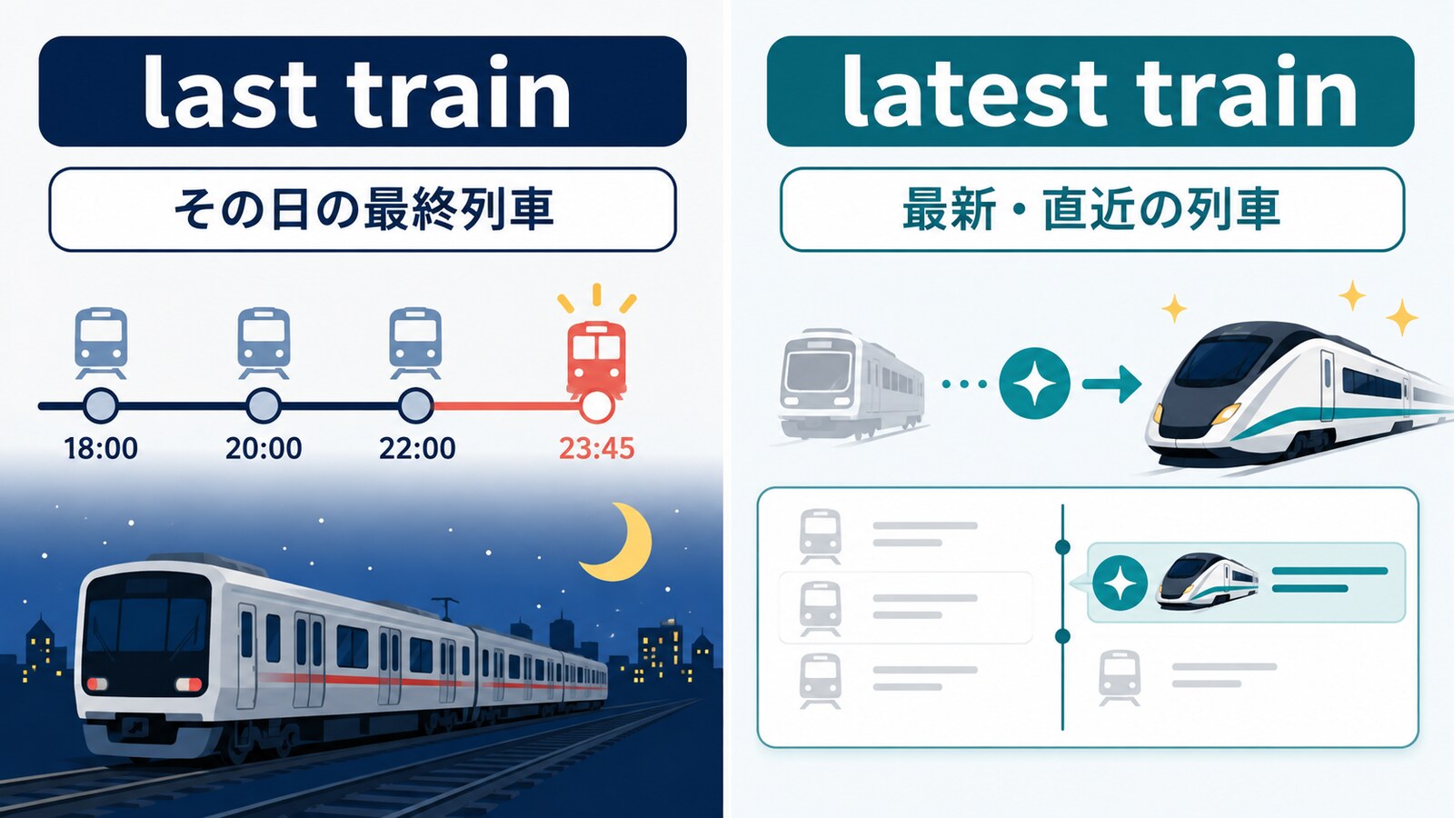 last trainはその日の最終列車、latest trainは最新・直近の列車を示す比較図