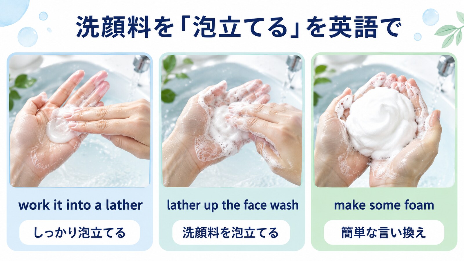 work it into a lather・lather up the face wash・make some foamの違い