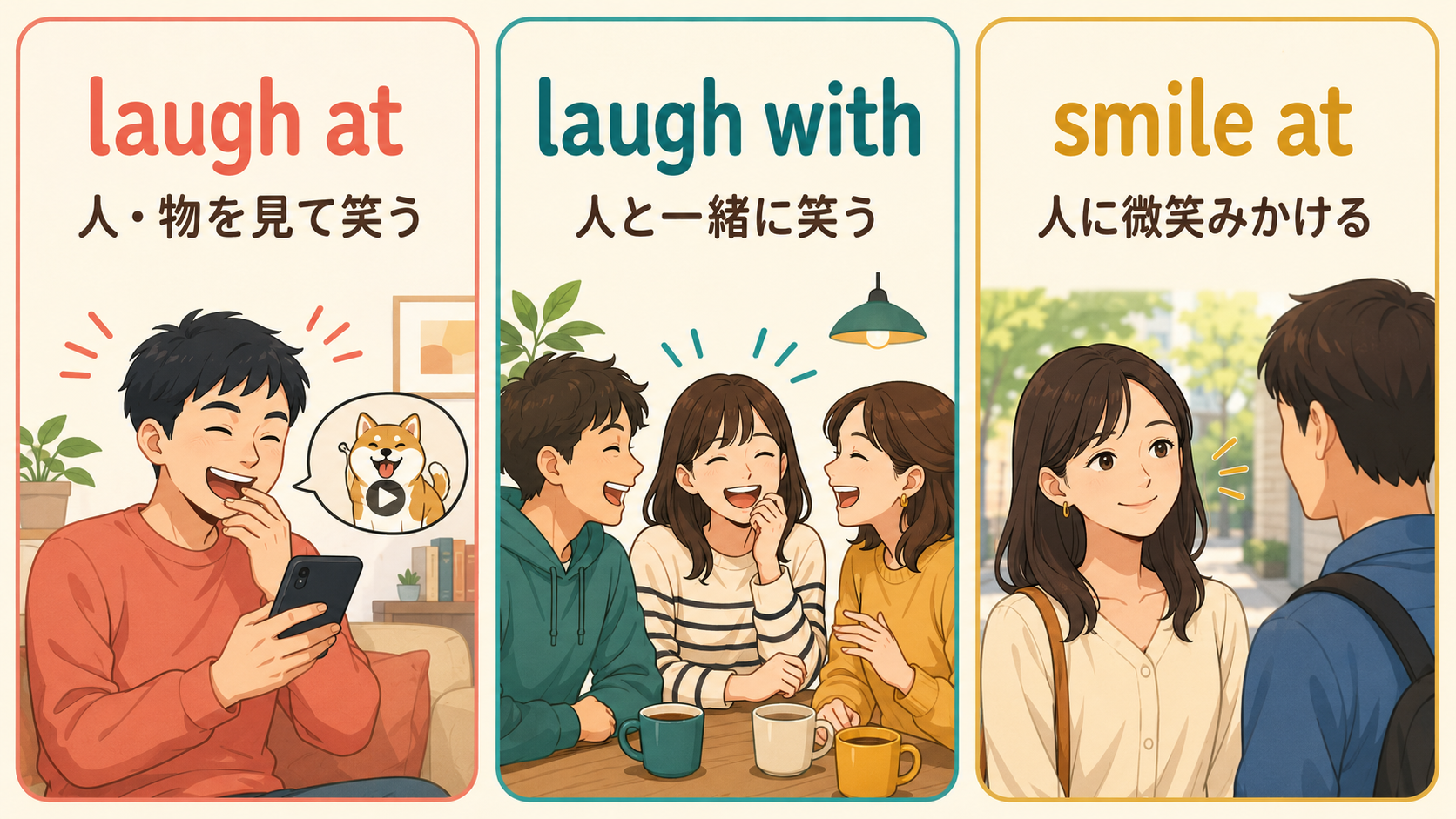 laugh at、laugh with、smile atのニュアンスの違いを示すイラスト