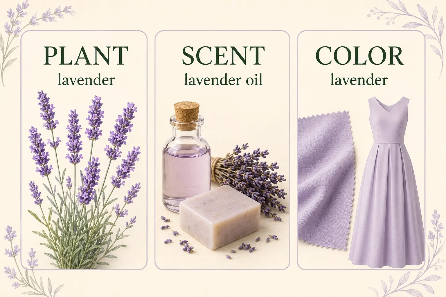 lavenderが植物・香り・薄紫色を表すことを示した図