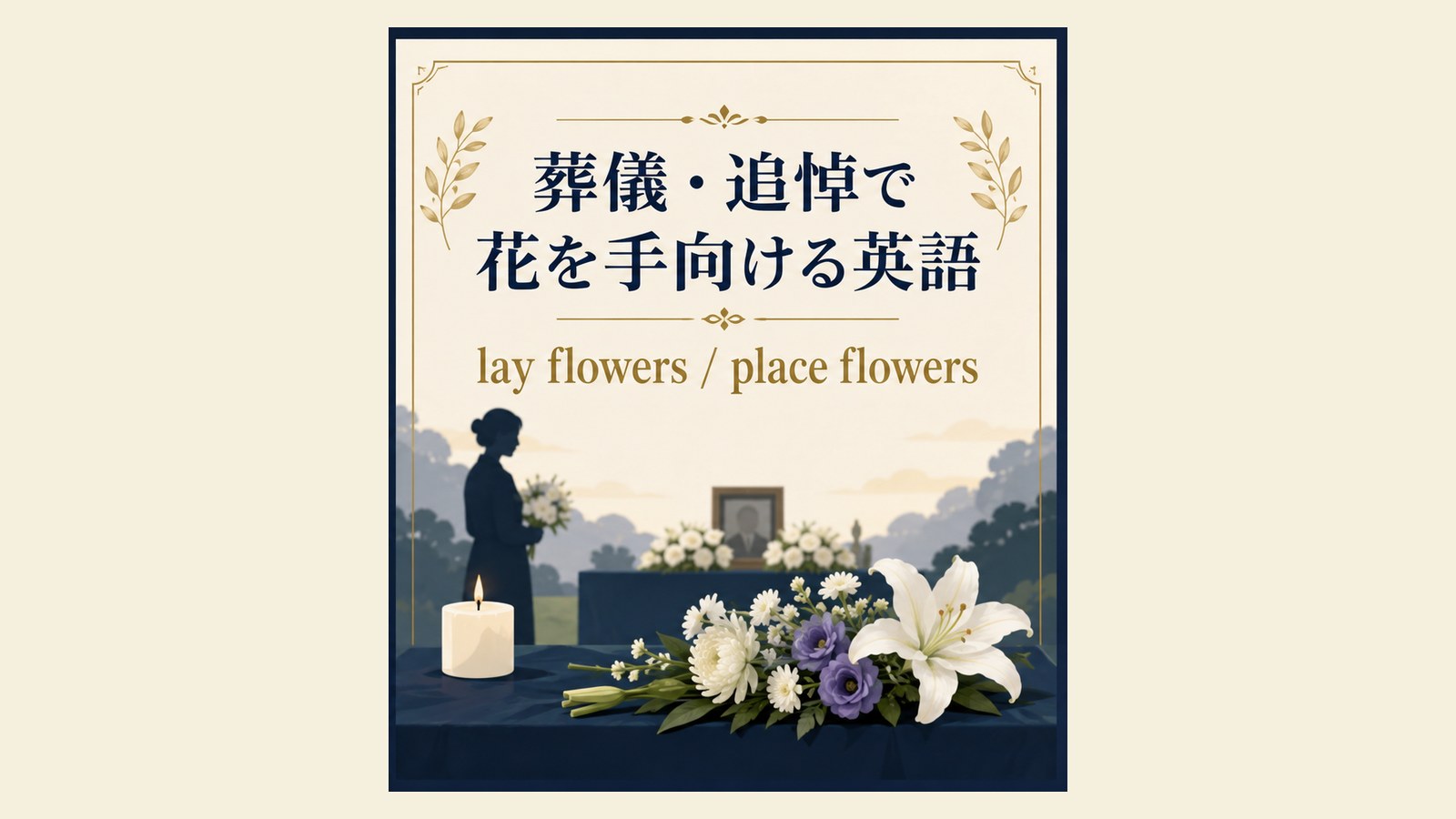 献花の英語表現と使い分けを説明するイラスト