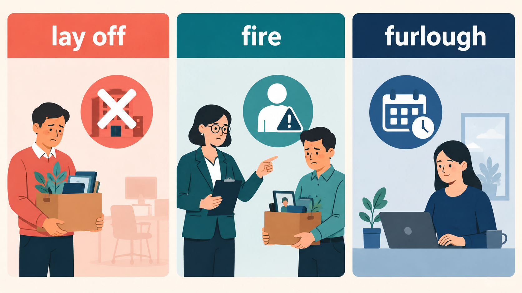 lay off・fire・furloughの違いを表す比較イラスト