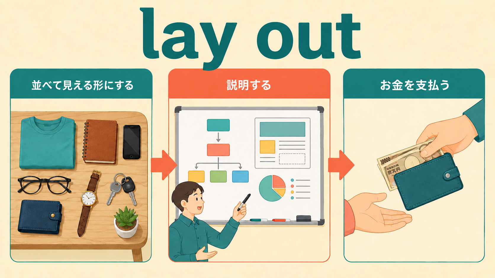 lay outの配置する・説明する・お金を支払うという用法の解説図