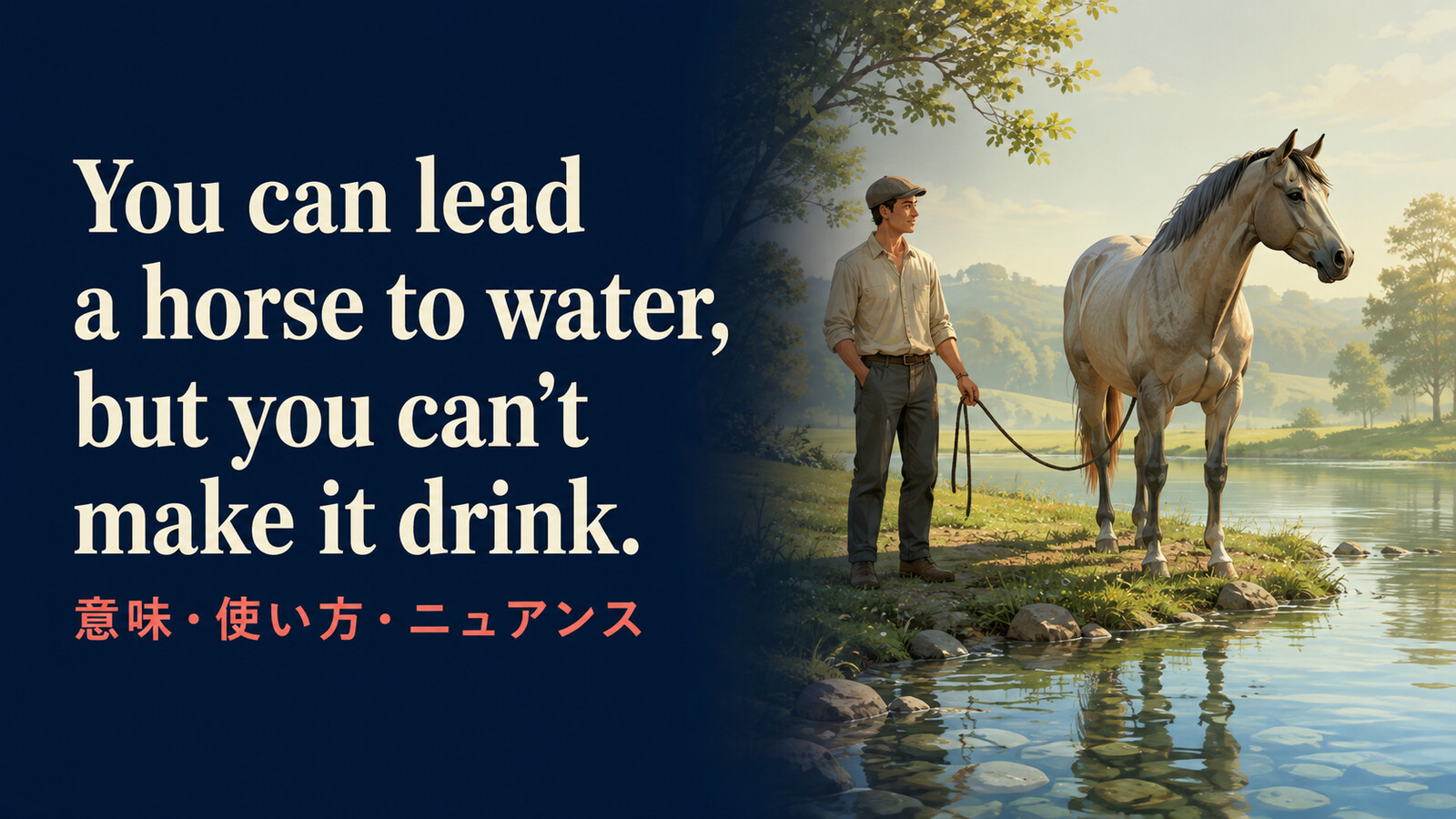 You can lead a horse to water, but you can’t make it drink.の意味・使い方を解説するアイキャッチ画像
