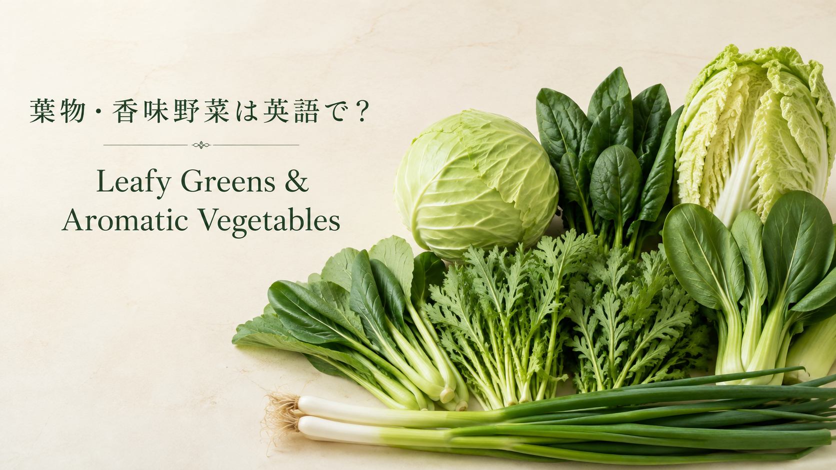 葉物野菜と香味野菜の英語一覧を紹介する中間親記事のアイキャッチ