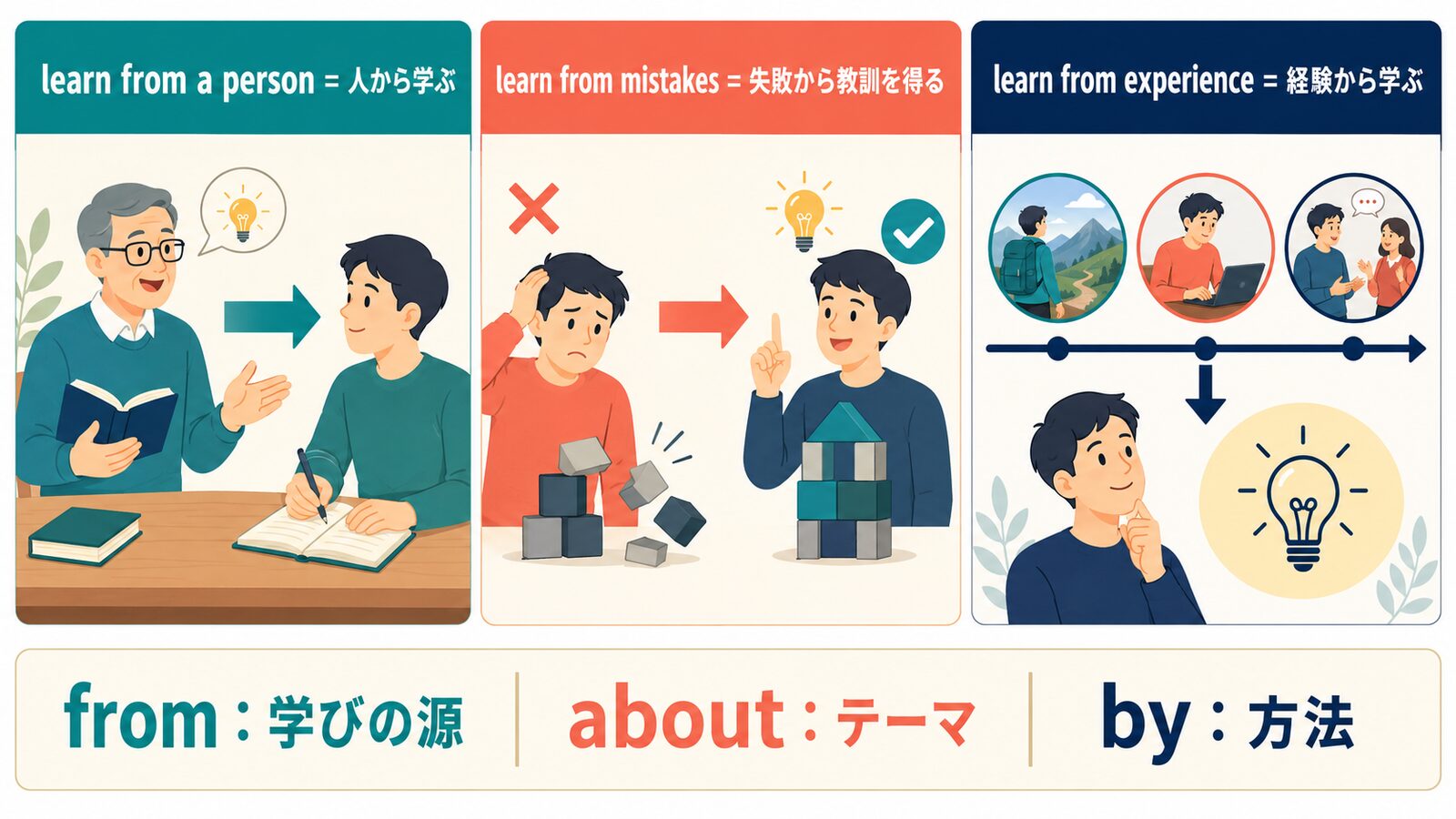 learn from a person・mistakes・experienceとlearn about・byの違いを示す解説図