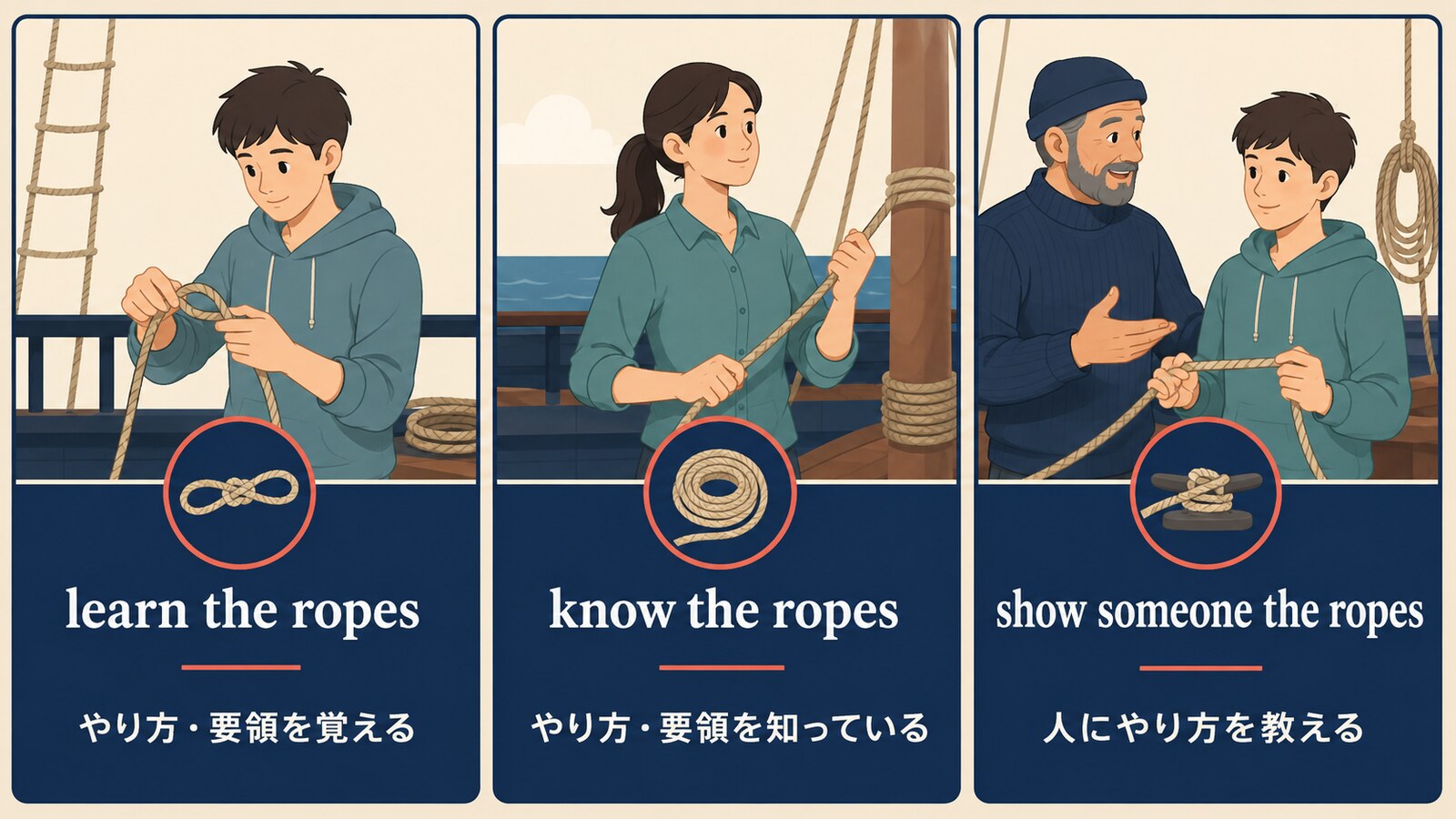 learn the ropes・know the ropes・show someone the ropesの違いを示す解説図