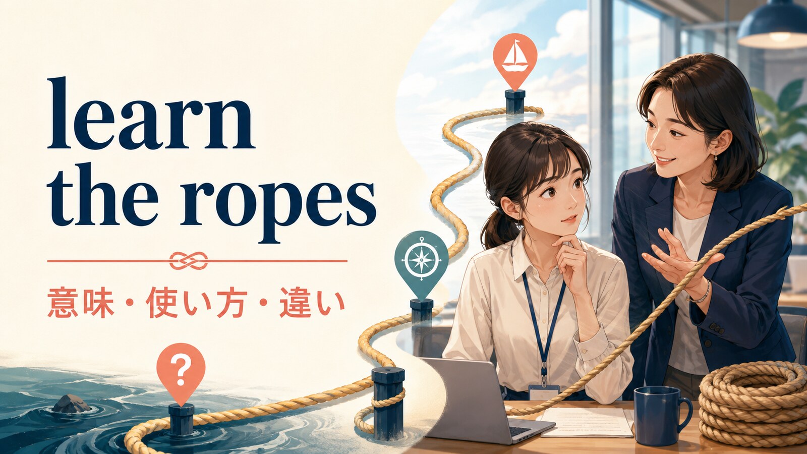 learn the ropesの意味・使い方・違いを解説するアイキャッチ画像