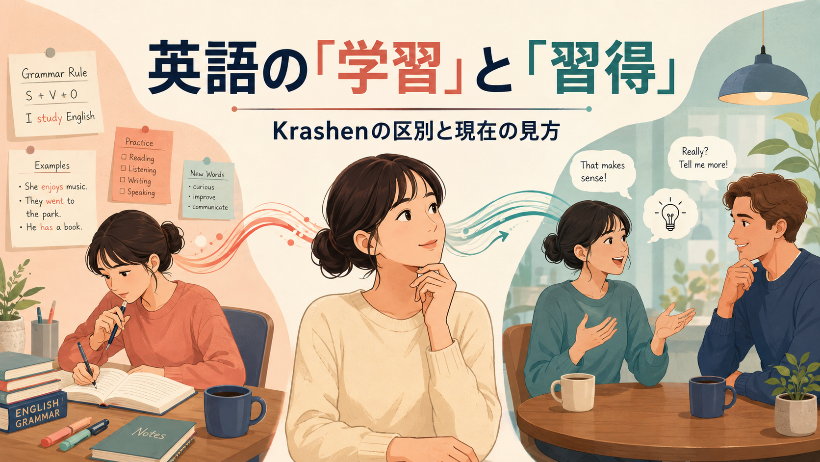 英語の意識的な学習と自然な習得を比較するアイキャッチ