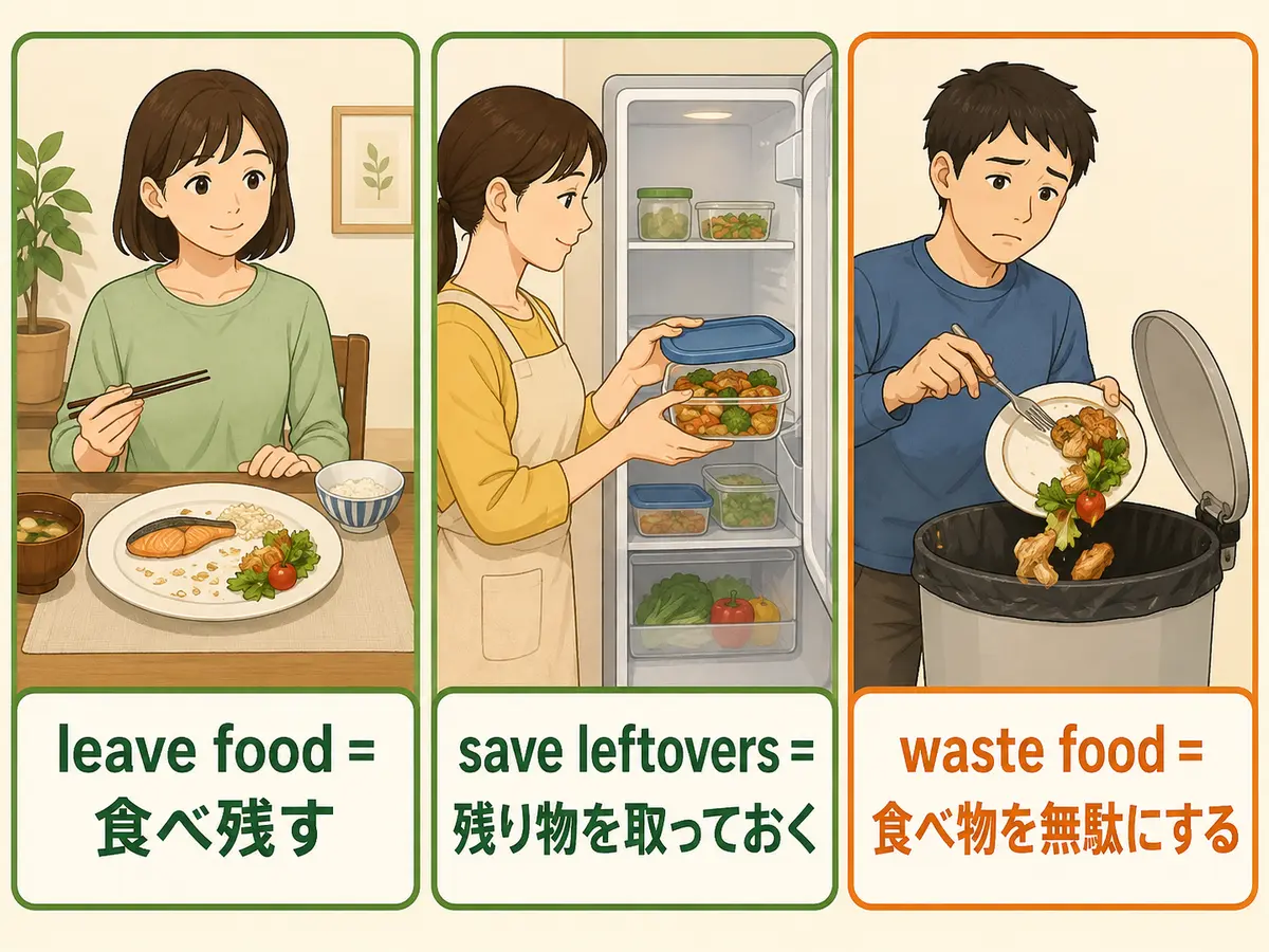 leave foodは食べ残す、save leftoversは残り物を取っておく、waste foodは食べ物を無駄にするという違い