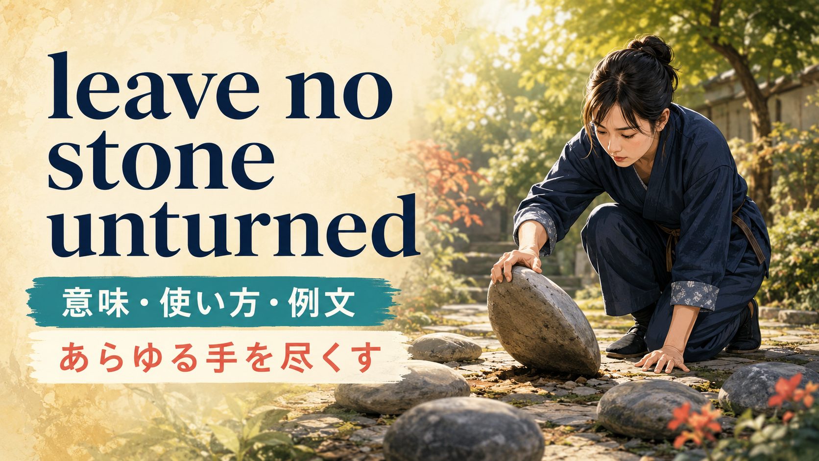 leave no stone unturnedの意味「あらゆる手を尽くす」と使い方・例文を示すアイキャッチ画像