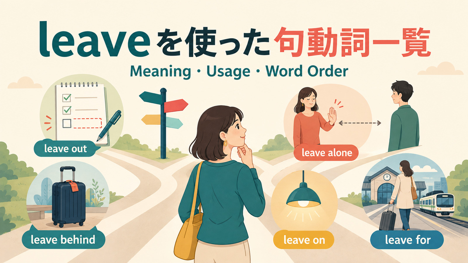 leaveを使った句動詞一覧の意味・使い方・語順を示すアイキャッチ