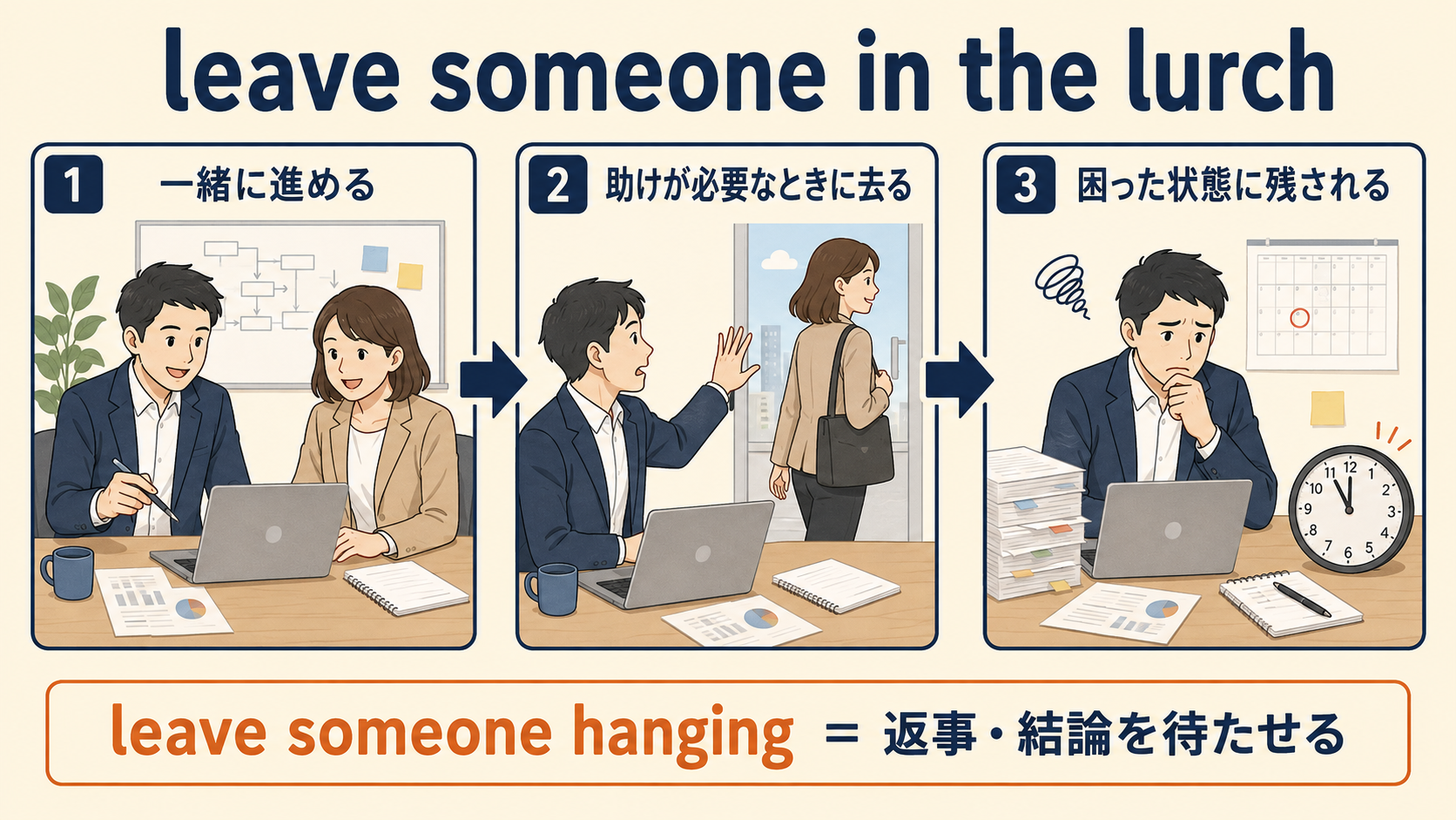 leave someone in the lurchが助けの必要な場面で相手を困った状態に残す流れの図解
