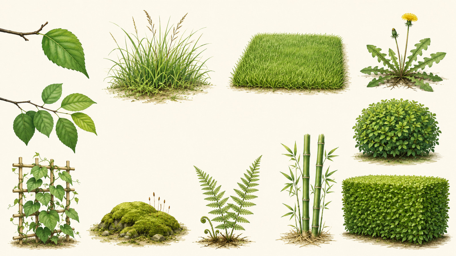 葉・草・低木・つる植物の種類を描いた英語学習イラスト