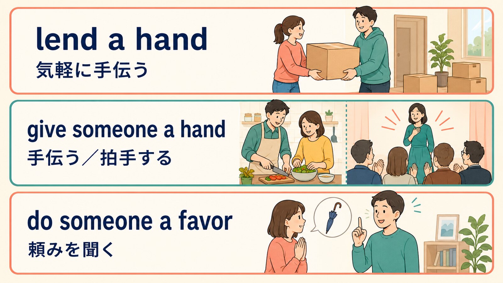 lend a handとgive someone a hand、do someone a favorの違い