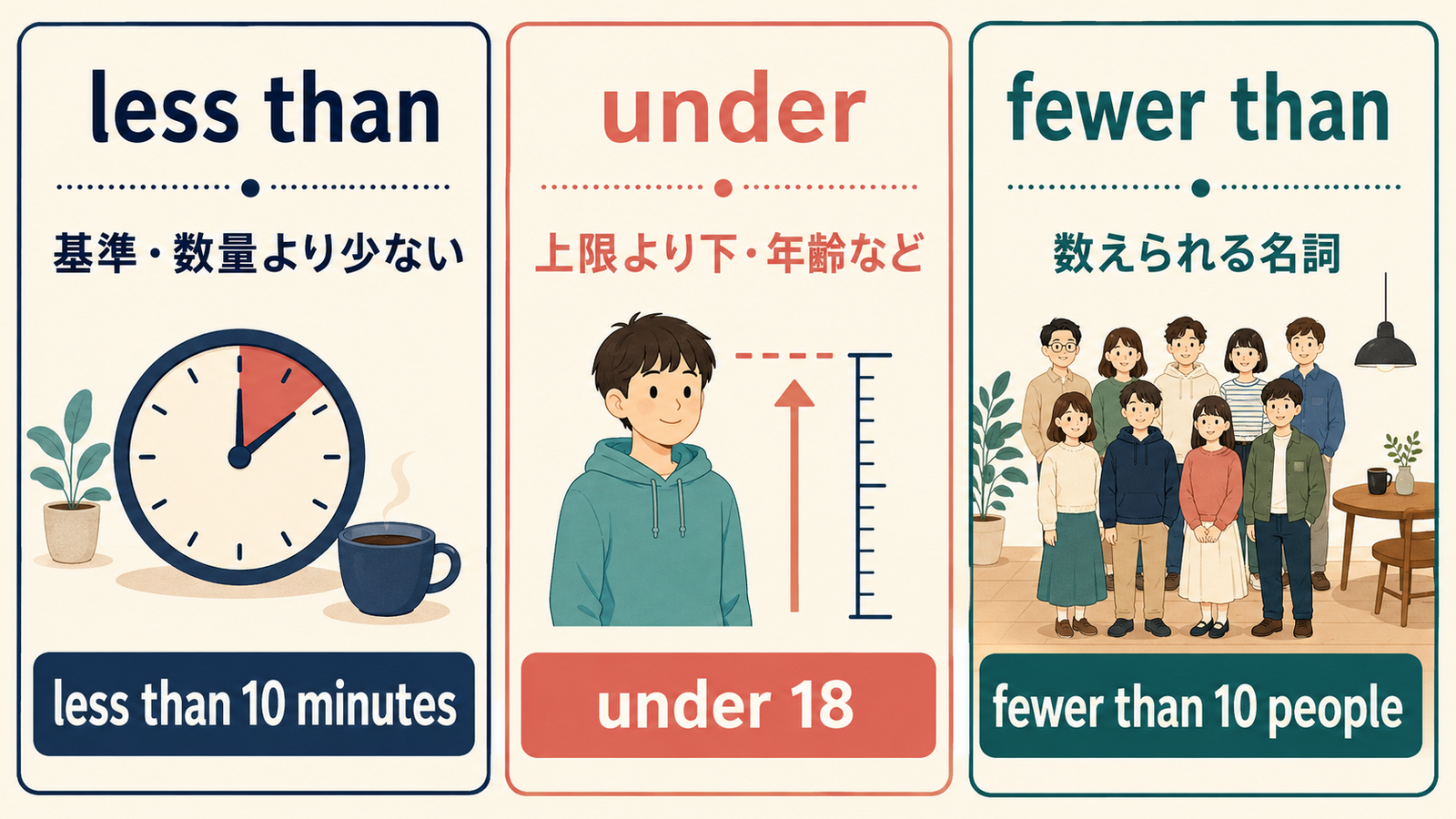 less than・under・fewer thanの違いを比較する解説イラスト