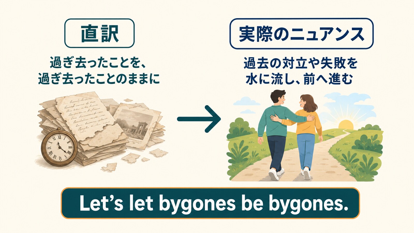 let bygones be bygonesの直訳から実際のニュアンスへの変化を説明するイラスト