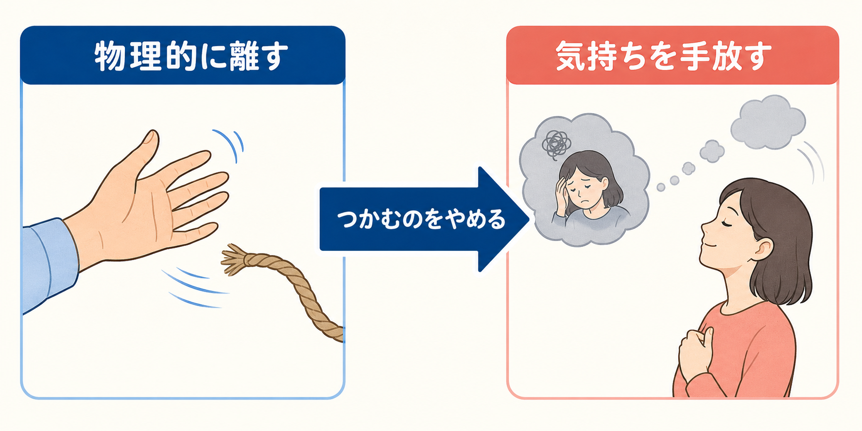 let go ofが物理的に離すから気持ちを手放すへ広がるイメージ図