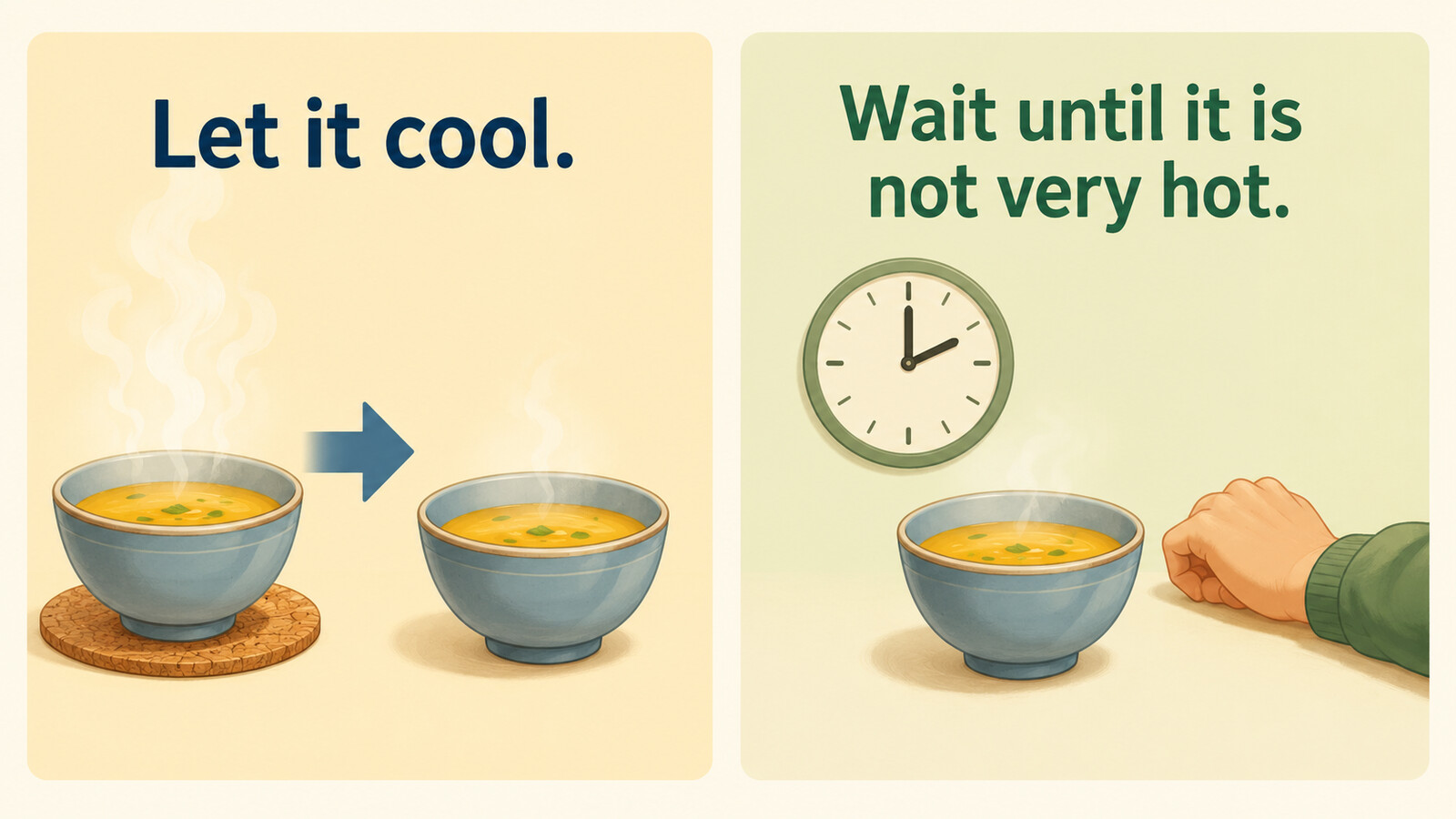 Let it coolとWait until it is not very hotの言い換えを示す解説イラスト