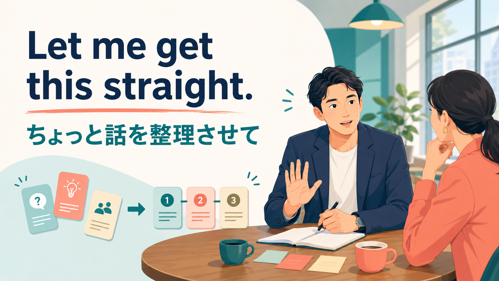 Let me get this straight.と「ちょっと話を整理させて」を示す英会話イラスト