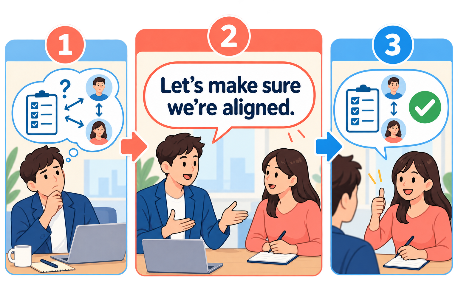 Let's make sure we're aligned. の使い方を3段階で示す英語学習イラスト