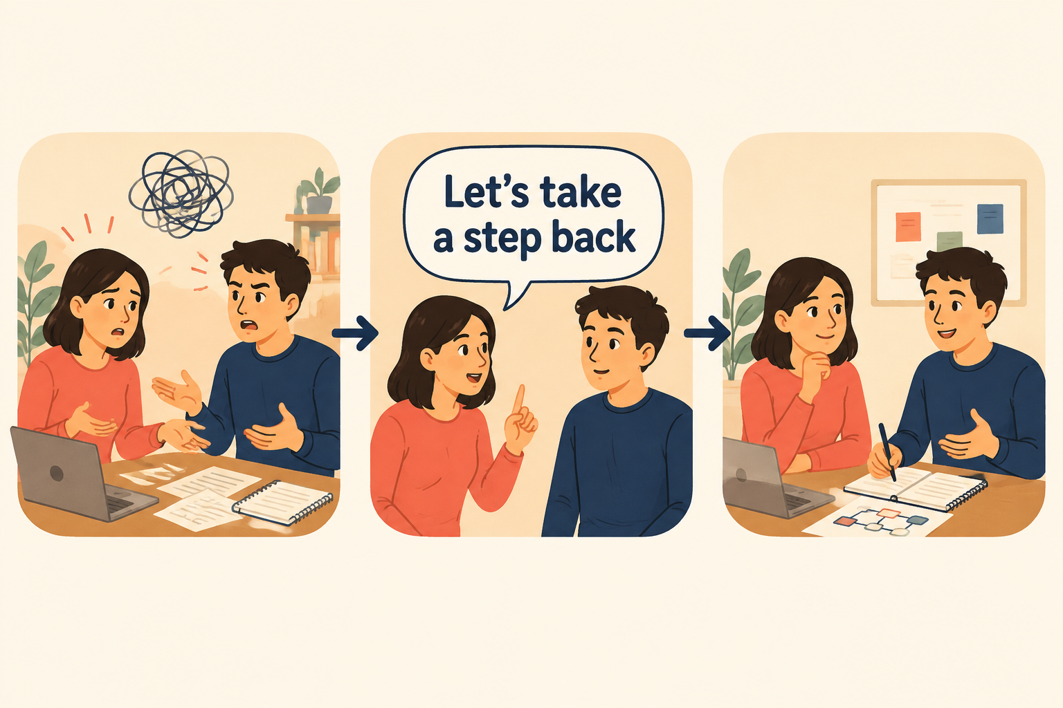 Let's take a step backを使う会話の流れ