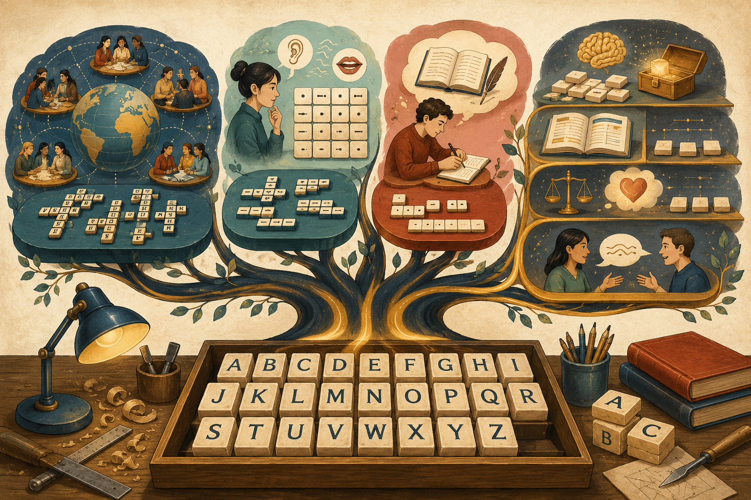 同じアルファベットから異なる言語やローマ字表記が作られる関係の図解