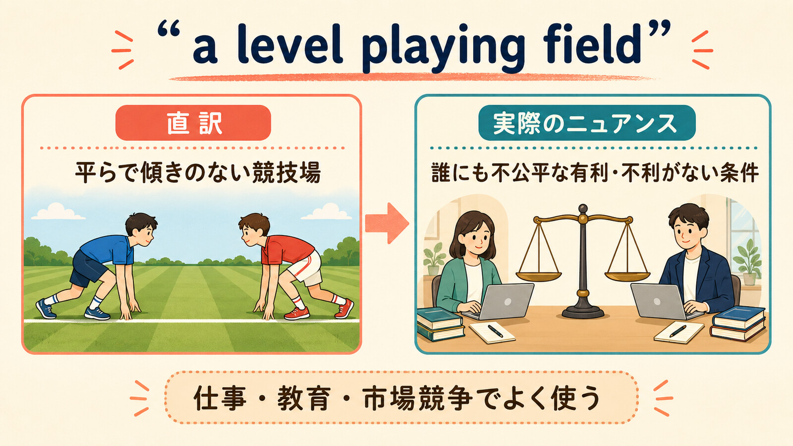 a level playing fieldの直訳「平らで傾きのない競技場」と実際のニュアンスを比較するイラスト
