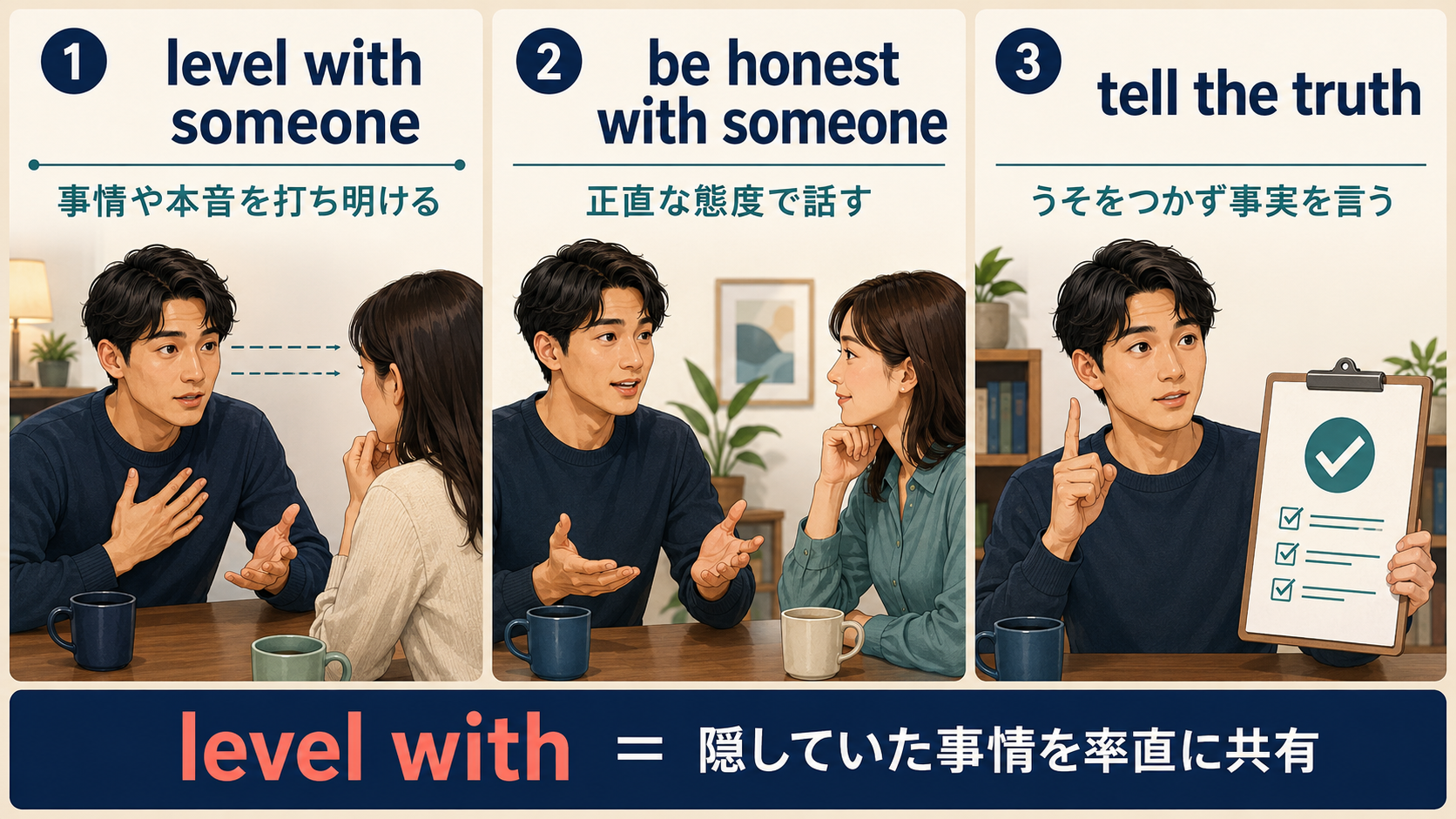 level with someone・be honest with someone・tell the truthのニュアンスの違いを比較する図解