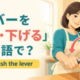 機械のレバーを引き下げる女性とpull・push the leverを示すアイキャッチ