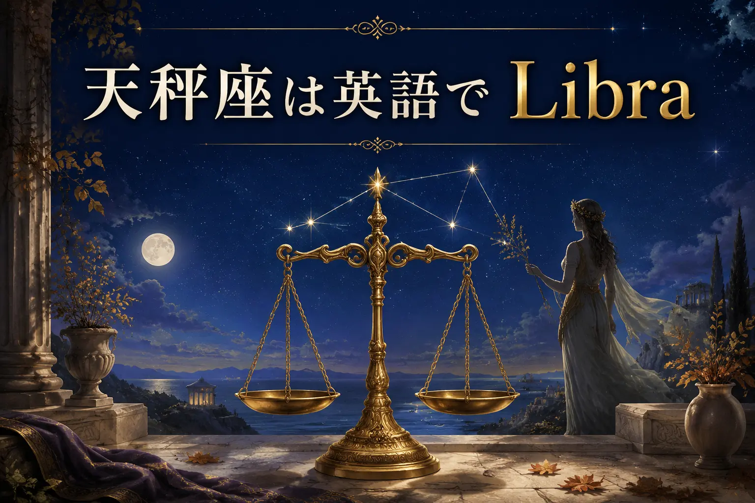 天秤座は英語でLibra｜天秤と星空の英語学習イラスト