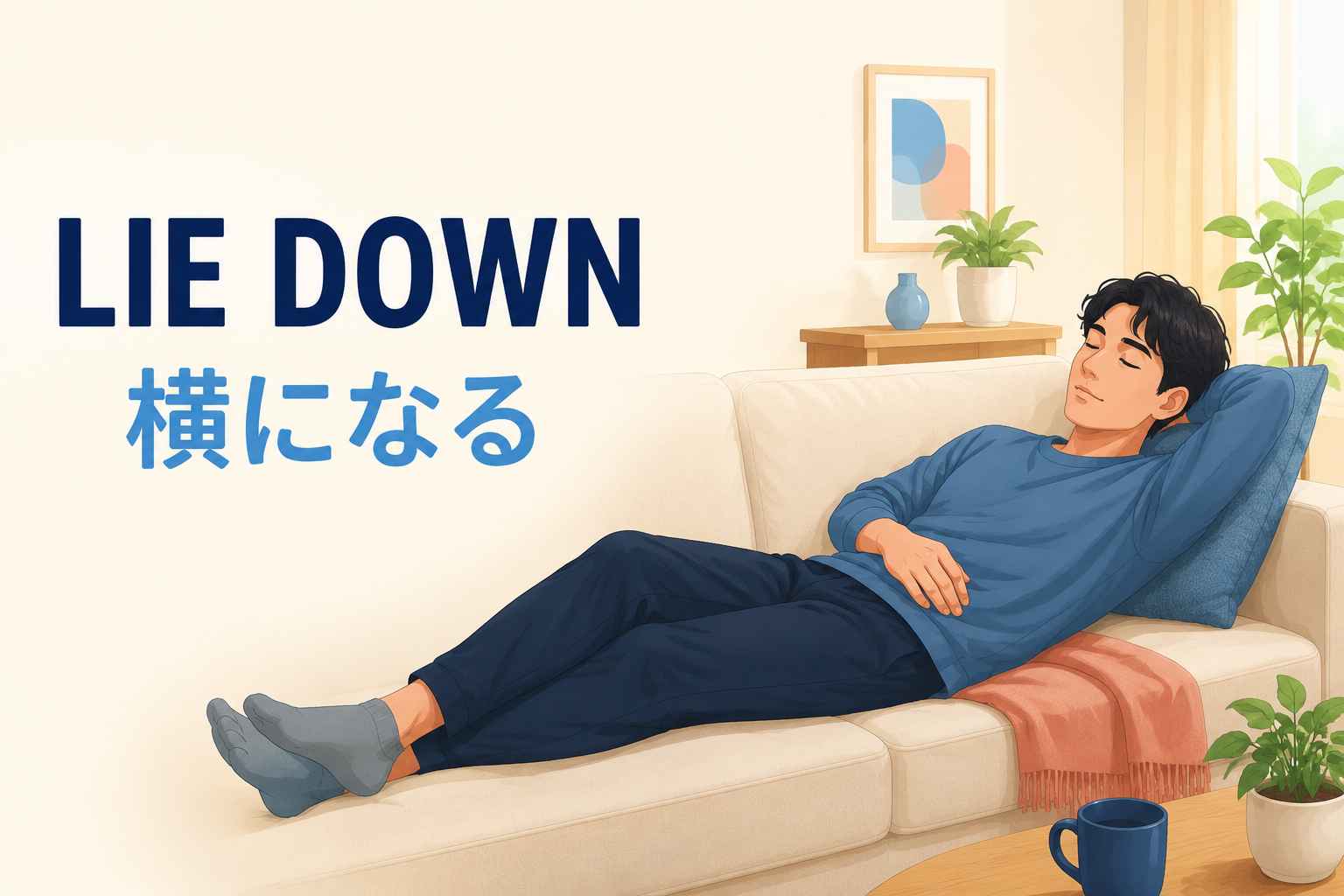lie down(横になる)の意味を解説するアイキャッチ画像