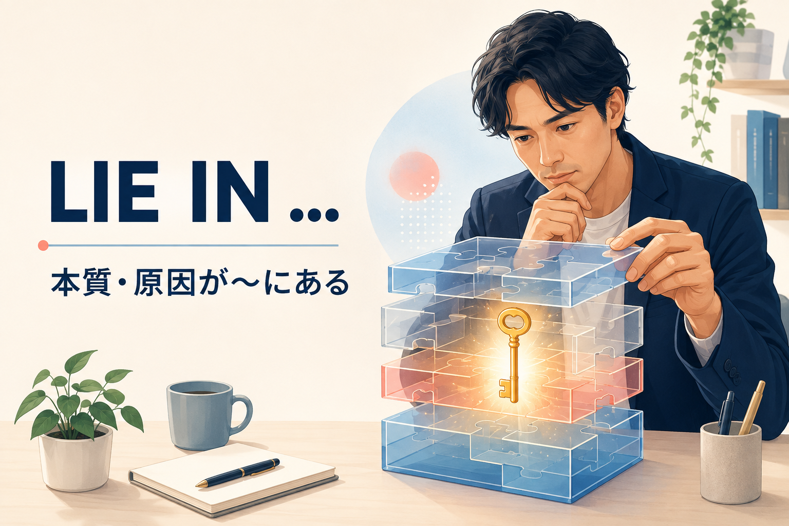 lie in（本質・原因が〜にある）の意味を解説するアイキャッチ画像