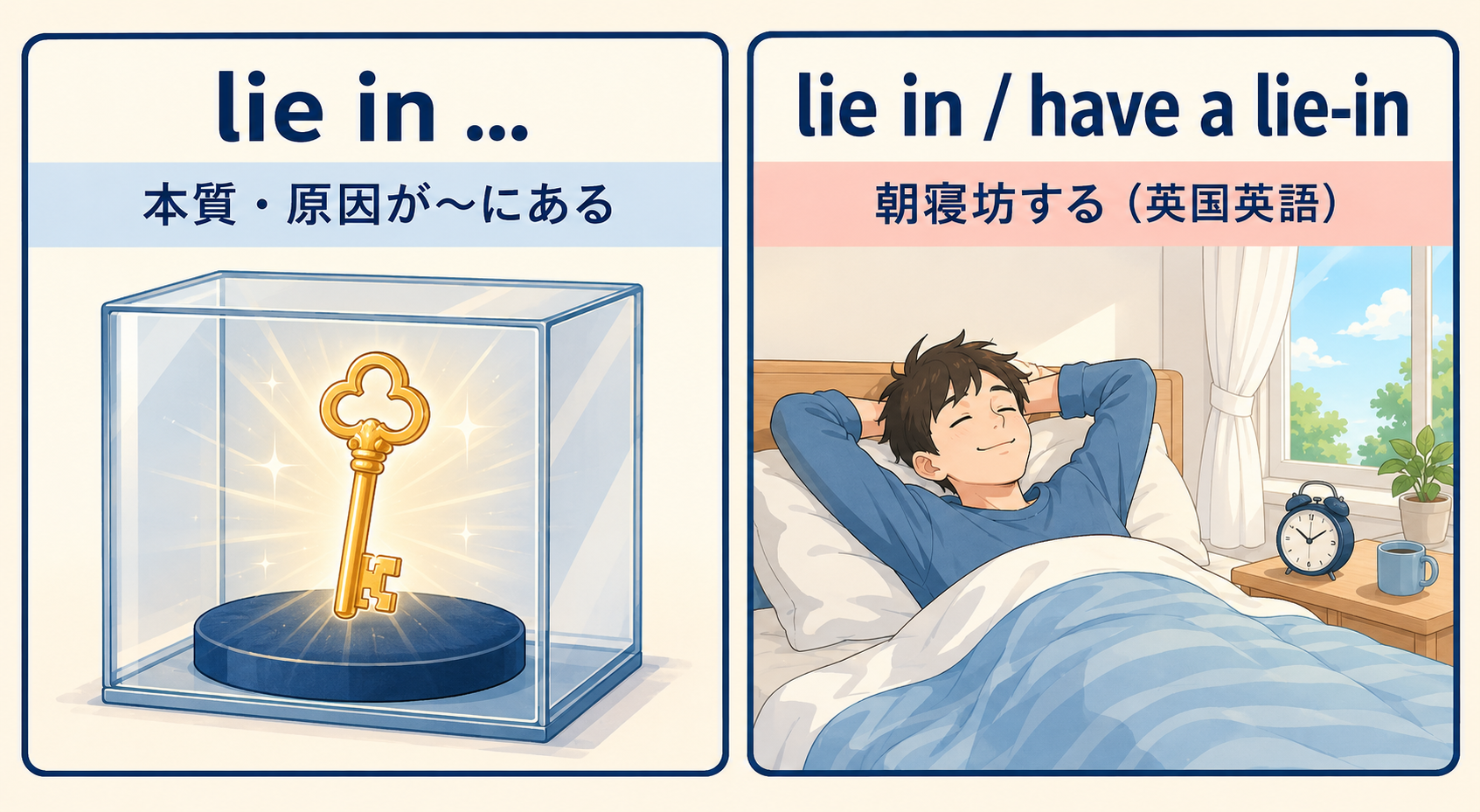 本質や原因が〜にあるlie inと英国英語で朝寝坊するlie inの違いを示す図