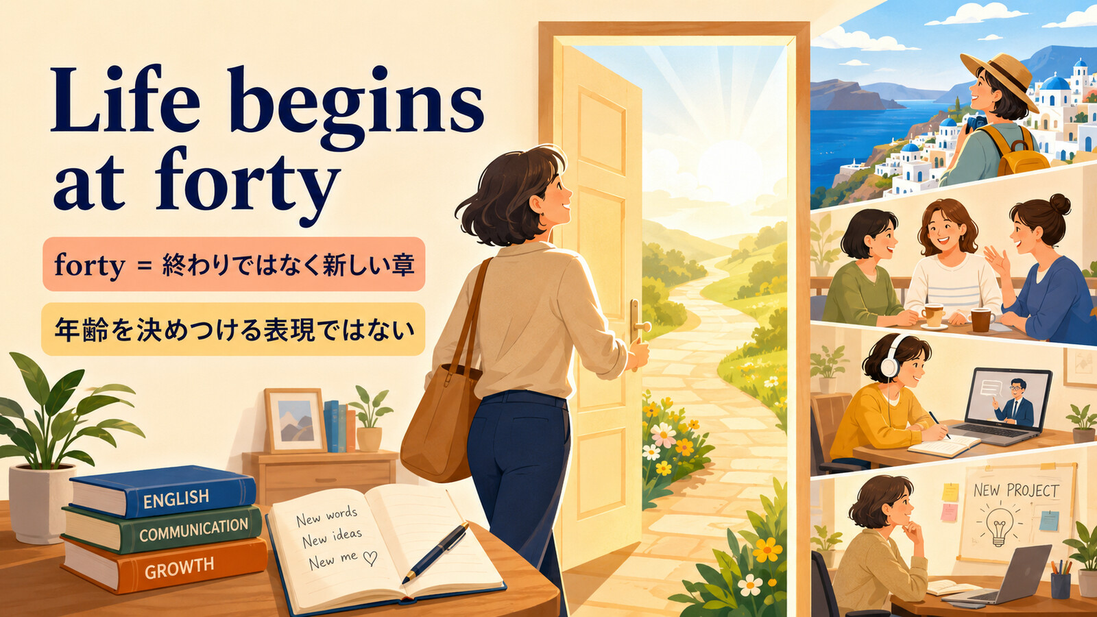 Life begins at forty.の語句とニュアンスを図解