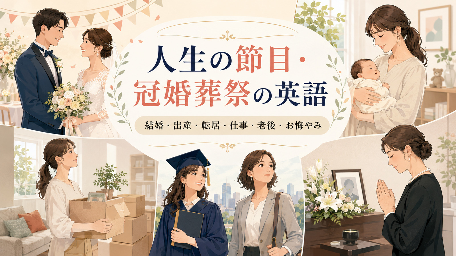 人生の節目・冠婚葬祭で使う英語を結婚・出産・転居・仕事・老後・お悔やみの場面別にまとめたアイキャッチ