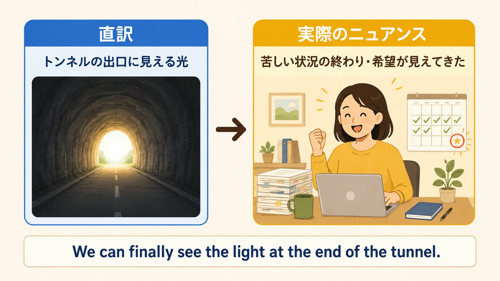 the light at the end of the tunnelの直訳と実際のニュアンスの比較