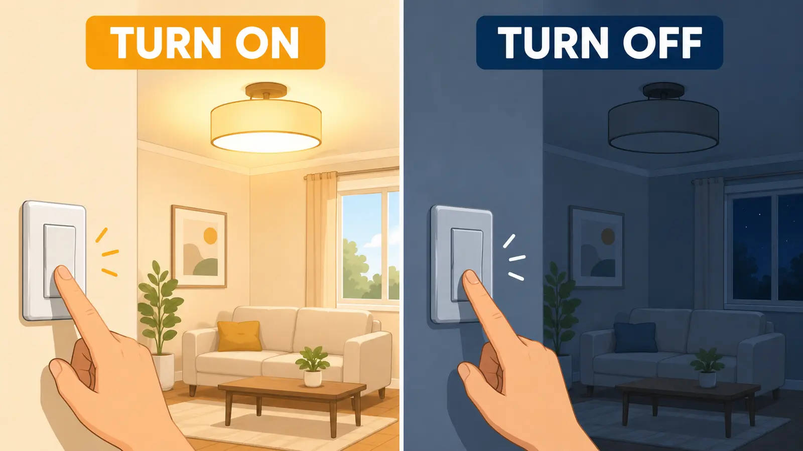 スイッチを押して照明をつけるTURN ONと消すTURN OFFを比較した図