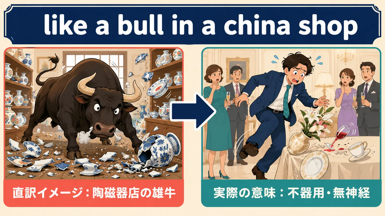 like a bull in a china shopの直訳イメージと実際のニュアンスの比較図