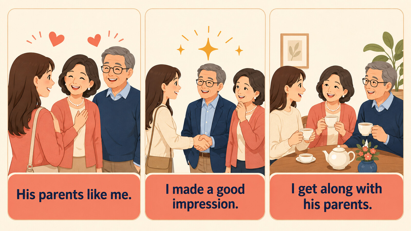 His parents like meとmake a good impressionとget along withの違いを示すイラスト