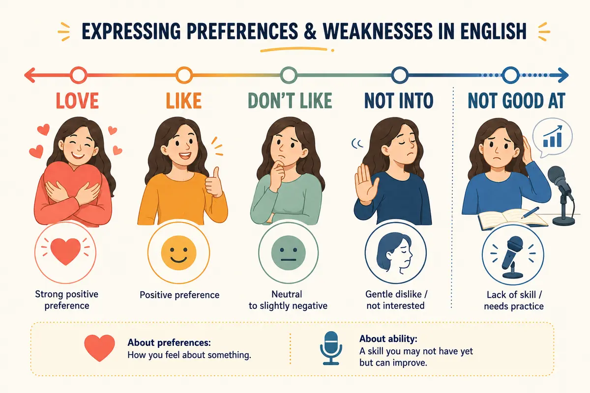 love・like・don't like・not into・not good atの違いを表す英語学習図解