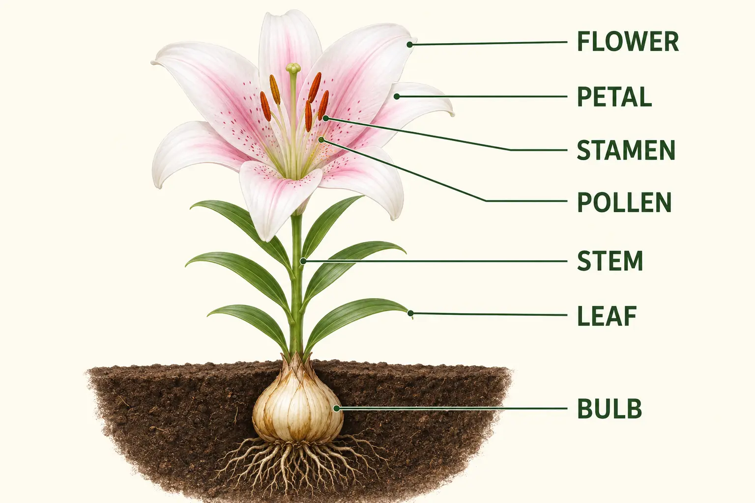 ユリの花びら・雄しべ・花粉・茎・葉・球根を英語で示した図