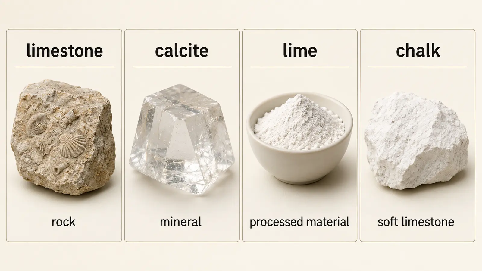 limestoneはrock、calciteはmineral、limeはprocessed material、chalkはsoft limestoneと示す英語解説イラスト