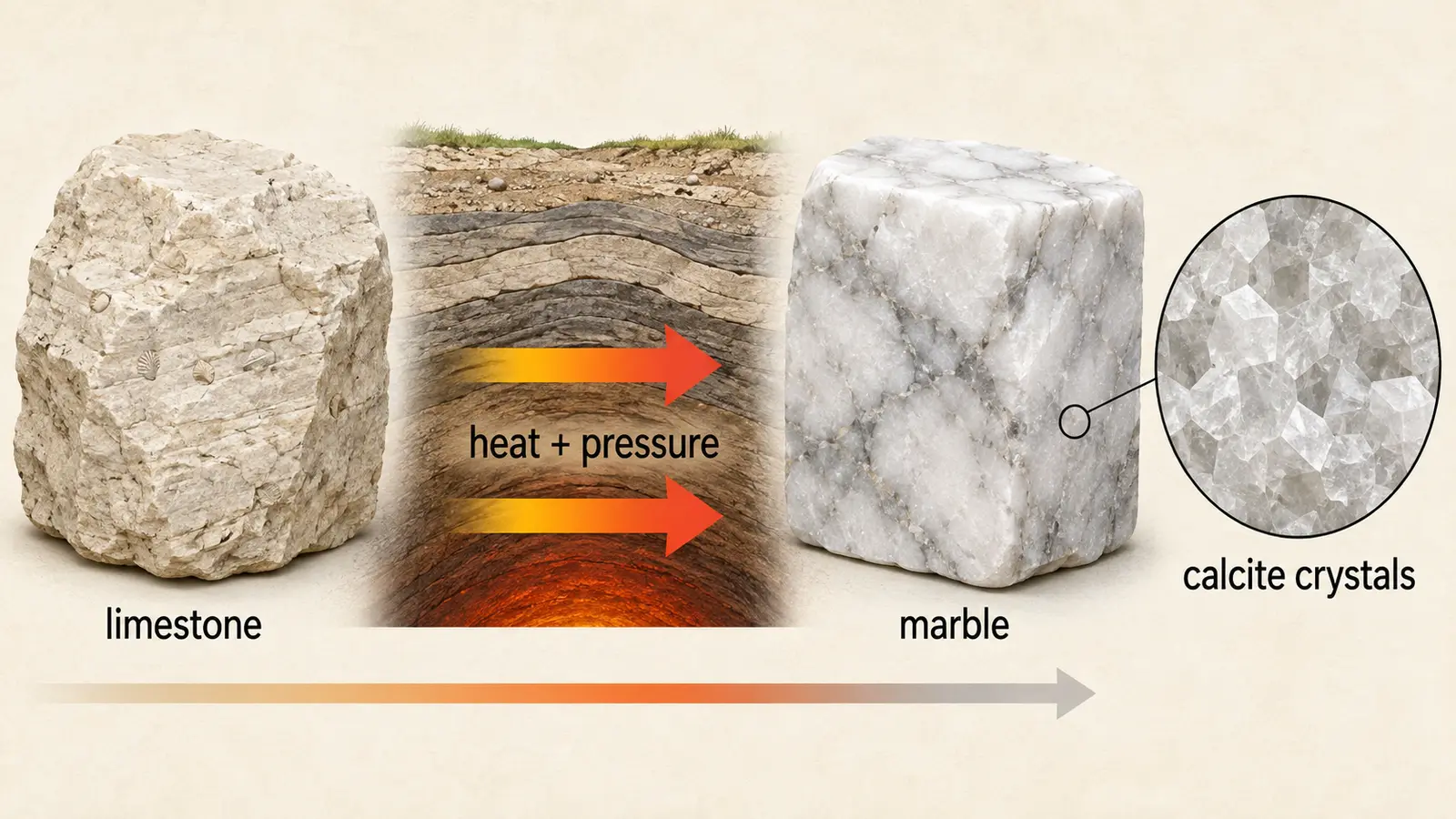 limestoneがheatとpressureを受けてcalcite crystalsからなるmarbleへ変わる過程を示す英語解説イラスト